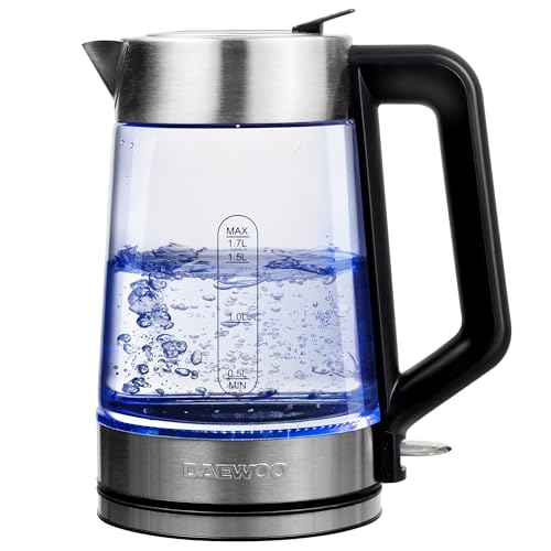 Daewoo 1.7L 3000W Easy-Fill Kettle with Illuminated Glass Body, 360° Swivel Base and Water Level Gauge, Built-In Safety Features for Left and Right Handed