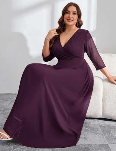 Image of ZOMVA Plus Size Maxi Formal Dress Lace Chiffon Floral V-Neck Wrap Wedding Guest Evening Gown Cocktail Prom 3 /4 Sleeves