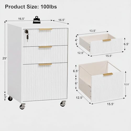Image of 3 Drawers Fluted Mobile File Cabinet with Lock, Rolling File Cabinet Printer Stand Table, Under Desk Wooden Filing Cabinets for Home Office Essentials Storage Organization Furniture Letters /A4(White)