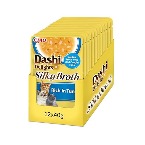 INABA Dashi Delights Silky Broth, Caldo para Gatos de Atún, Comida Húmeda Rica en Proteínas, Ingredientes Naturales, Snack Húmedo para Gatos, Sopa para Gatos, 12 Sobres x 40 g