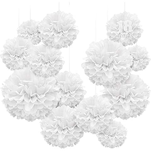 WEARXI Hochzeit Hochzeitsdeko Vintage Lampions, 18 er Pompons Deko Weiß, Seidenpapier Pompoms, Party Hochzeit Deko, Taufe Konfirmation Deko, Kommunion Dekoration für Geburtstag, Hochzeit, Valentinstag Cover