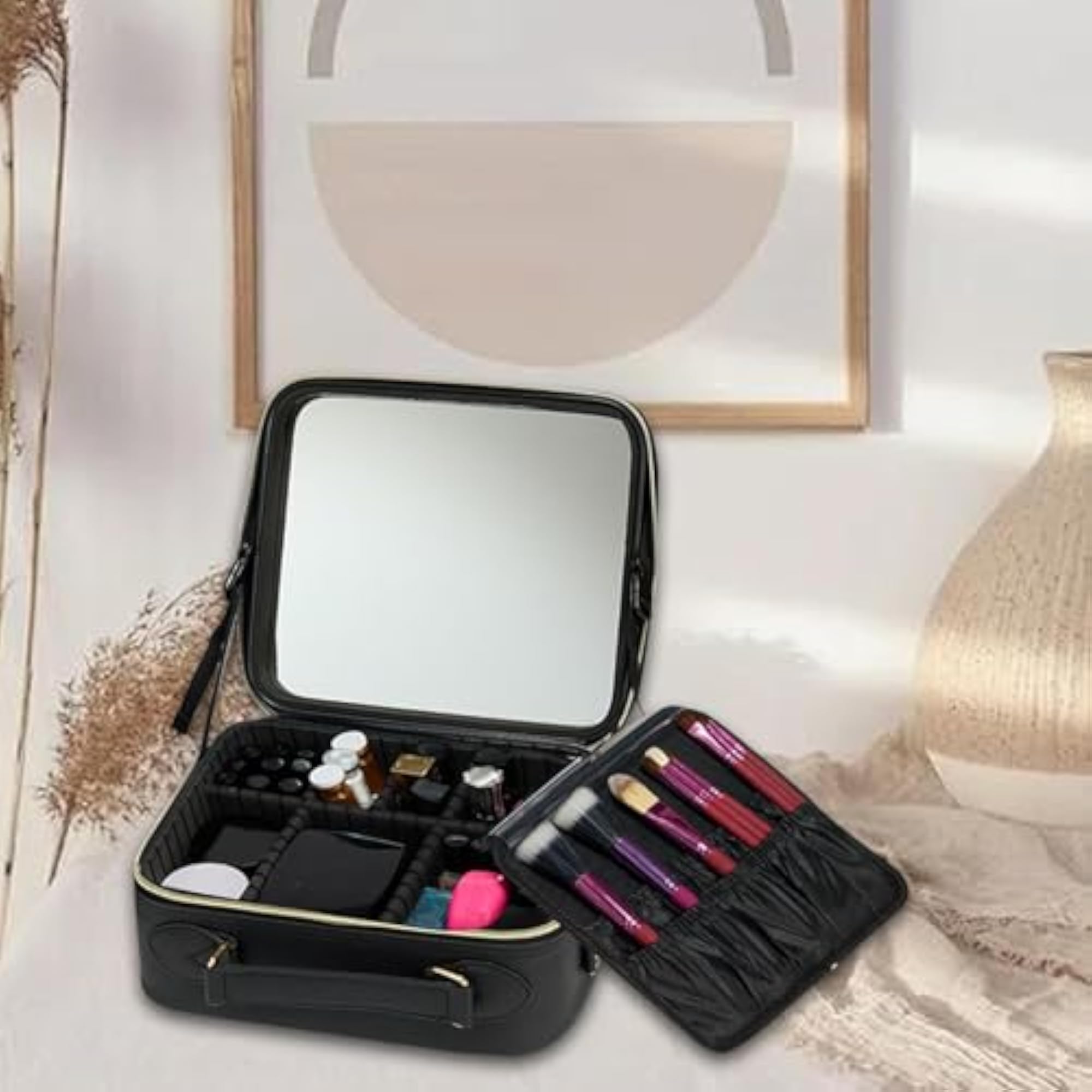 Portable Makeup Box Organizer with Mirror, Black