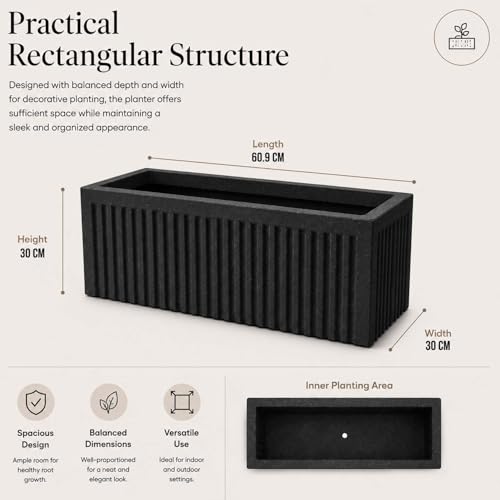 Image of Go Hooked Rectangular Planter Pot (24x12) Inch | Grey Ribbed Design Plastic Flower Pot for Indoor Outdoor Balcony Garden Window Railing Patio | Polymer Decorative Plant Container