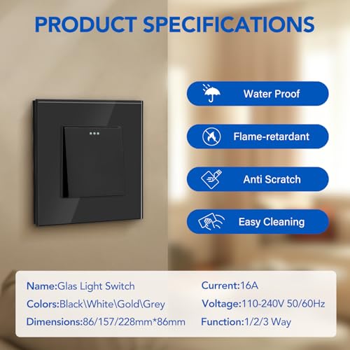 BSEED Light Switch 1 Gang 3 Way Wall Intermediate Switch,Screwless 10A Rocker Tactile Glass Light Switches Black Crystal Toggle Switch