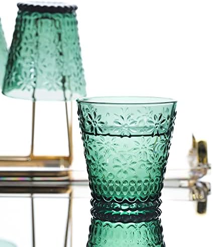 Joeyan 250ml Coloured Water Glasses - Set of 6 Vintage Green Glassware Set - Embossed glass Tumblers for Tea, Water, Juice, Cocktail, Beverages