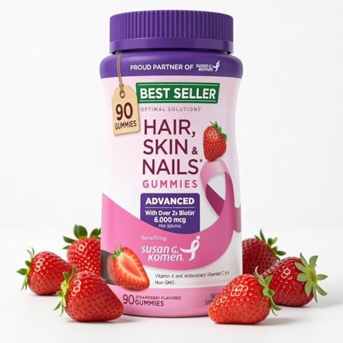 Natures_Bountys_Optimal Solutions Advanced Hair, Skin, Nails, 2X Biotin, 90 Strawberry Gummies, 45...