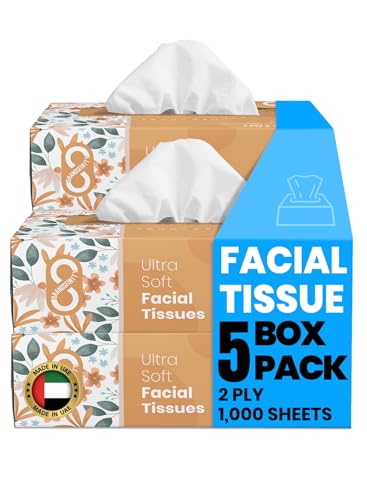 Brandsfinity Daily Care Facial Tissue - Pack of 5 Boxes Total 1000 Sheets 2 Ply Large Soft & Fluffy Facial Tissues (200 Sheets each box)