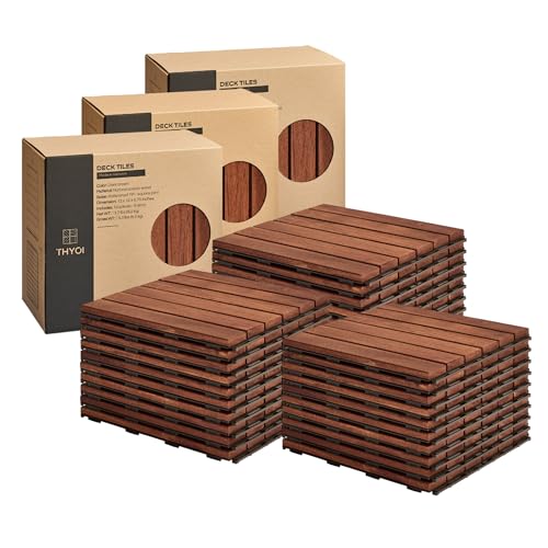 THYOI Premium Deck Tiles, 30 Pcs Patio Flooring - Brown - Striped Pattern