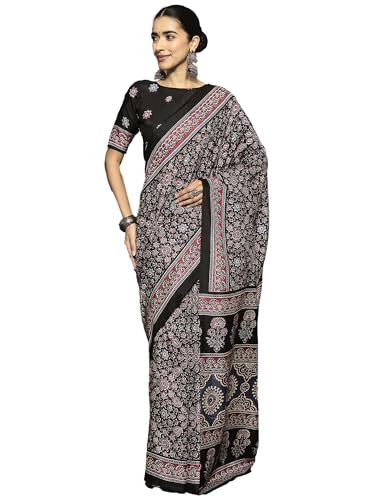 Image of AKHILAM Women's Soft Dola Silk Ajrak Printed Ready To Wear one Minute Saree With Unstitched Blouse Piece