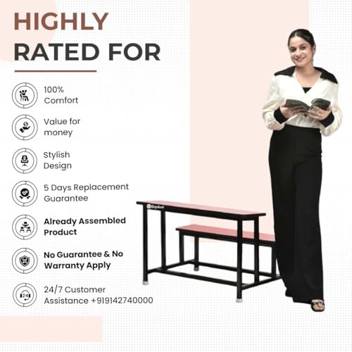Image of GOYALSON School Home Tution College Bench Duel Desk Student Bench Cum Duel Desk Strong and Sturdy Metal Standard Structure with Wooden Top (1, Red, Small Students Without Back)
