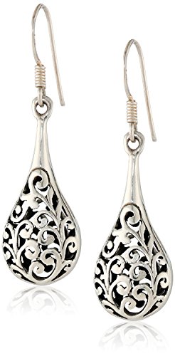 Chuvora 925 Oxidized Sterling Silver Bali Inspired Filigree Puffed Raindrop Dangle Hook Earrings