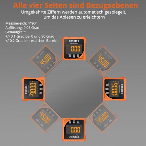 Proster Digitaler Winkelmesser Neigungsmesser Laser Wasserwaage mit 4-seitigem Magneten Winkelmessgerät für Holzwerkstatt Heimwerkstatt Baustelle DIY Dekoration LCD VA-Display IP54 aufladbar