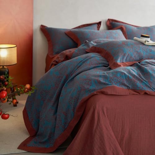VM VOUGEMARKET Jacquard Duvet Cover Set King,Yarn-Dyed Cotton Blue Red Tree Leaves Duvet Cover Bordered,Reversible Farmhouse Style Bedding Set King