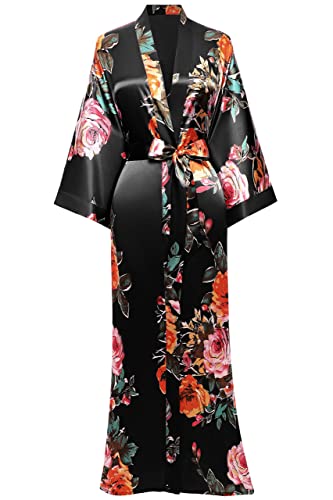 BABEYOND Robe de chambre très longue en satin pour femme, kimono d’été à motif floral, long peignoir kimono imprimé, pour soirée pyjama entre filles, taille unique