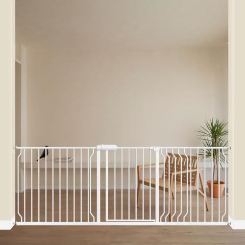 Image of ALLAIBB Extra Wide Pressure Mounted Baby Gate Walk Through Child Kids Safety Toddler Tension White Long Large Pet Dog Gates with Extension for doorways Kitchen (71.65-85.03 inch /182-218cm, White)
