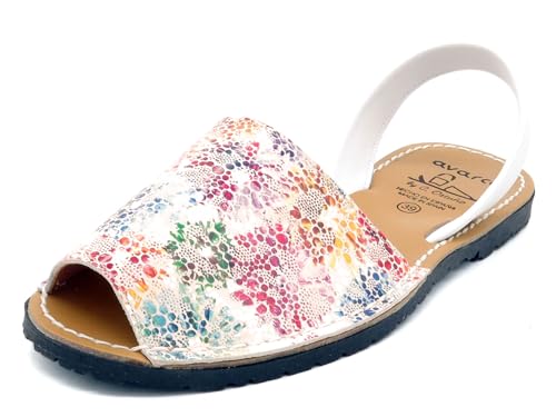 Avarca Sandalias de mujer de cuero Menorquina verano colorido flores patrón, Multi Flower, 39 EU