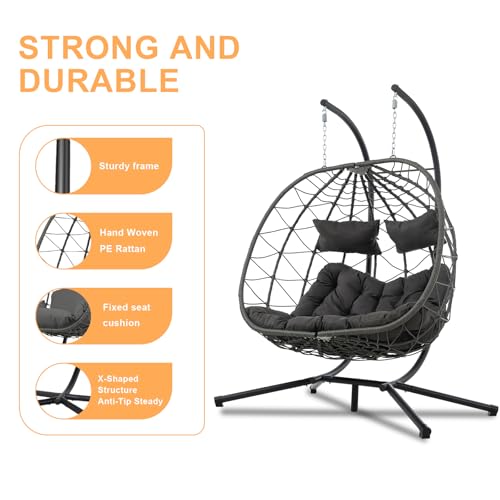 Anranni Double Egg Swing Chair with Stand, 2 Person Outdoor Indoor Hammock Hanging Chair with Cushion,Patio Wicker Hanging Egg Chair w/Cushion 700LBS Capacity for Bedroom, Balcony, Garden