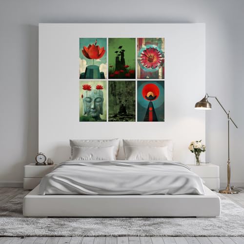 Image of SiddArtify Red - Green Lotus Flower Art Print Set - Sticker - 12x18 Inch - Pack of 6 Wall Room Decoration art Poster Prints