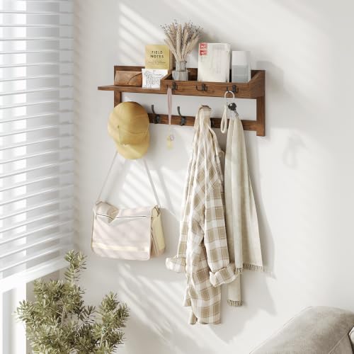 Image of AMBIRD Wall Hooks with Shelf, 26.57 Inch Entryway Wood Coat Hooks for Wall with Shelf, Coat Rack Wall Mount with 5 Dual Hooks 3 Key Hooks Mail Organizer and Key Rack Holder (Brown)