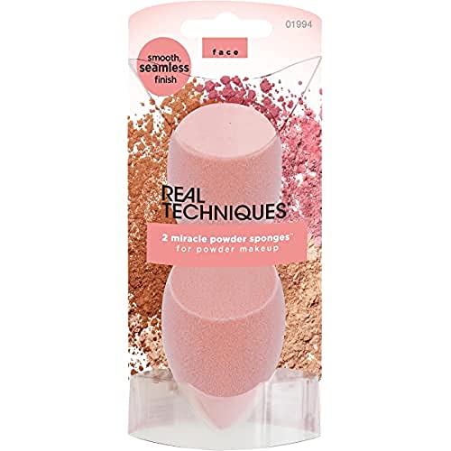 Real Techniques Miracle Powder Sponge, Microfiber Technology Ideal for Use with Powders, Beauty Sponge, Makeup Blender, Blends & Sets Makeup, Pink, 2 Count