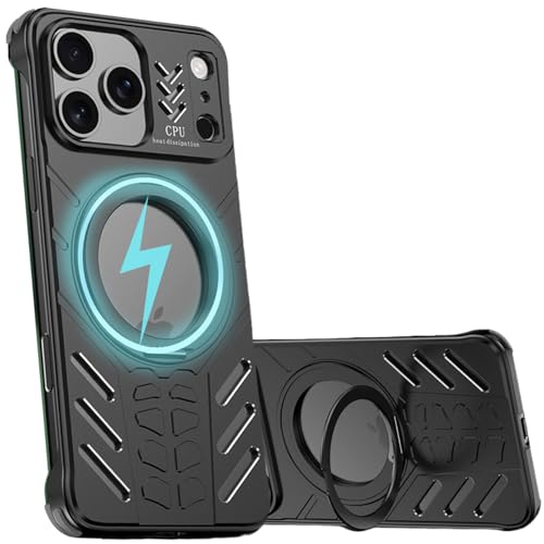 iPhone 17 Pro Max 用 ケース メタル放熱フレームと360度リングスタンド搭載 薄型軽量でも耐衝撃 MagSafe対応, ブラック