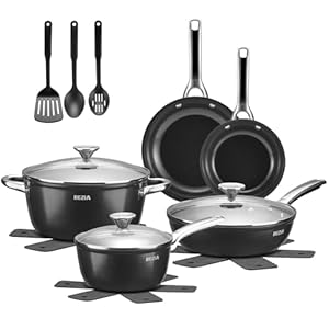 BEZIA Induction Cookware Set 15-Piece, Pots and Pans Set with Healthy Ceramic Non-Stick Coating, Stainless Steel Handles ＆ Lids, Dishwasher Safe ＆ Oven Safe, Compatible with All Stoves, Black