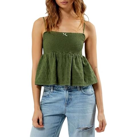 Women Spaghetti Strap Babydoll Tank Top Y2k Hollow Eyelets Smocked Backless Ruffled Hem Crop Top Going Out Cami Top (Green, L) Cover