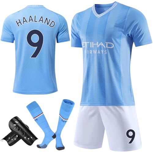 HCQC Conjunto de camiseta de fútbol para niños, camiseta de fútbol nº 9, entrenamiento deportivo con camisetas, pantalones cortos, calcetines y rodilleras, azul celeste, 22