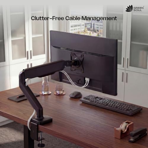 Image of Green Soul Single Monitor Gas Spring Stand|Fits 13-32 inch Screen|9Kg Weight Capacity|Height Adjustable Desk Mount, VESA Plate, Grommet & C-Clamp Base|Monitor Riser for Desk|Tilt, Swivel & Rotation|Black