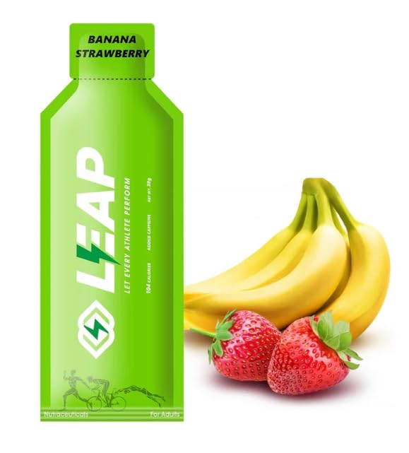LEAP Energy Gel for Running & Cycling – Quick Energy Boost with Natural Ingredients, Amino Acids & MCT Oil – Fast Digestion Sports Gel for Athletes – Banana Strawberry Flavor – Pack of 5