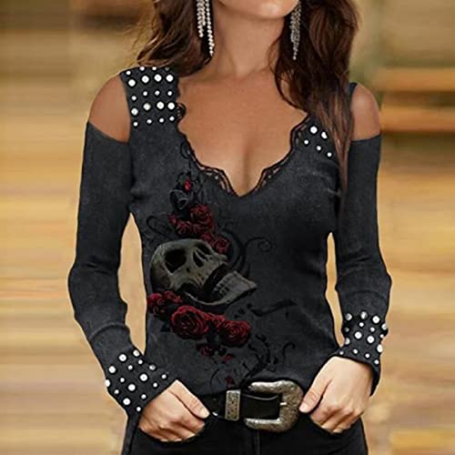 Masrin-Trendige-Oberteile-fuer-Damen-Gothic-Style-Skulls-Rose-Printing-Shirts-Sommer-Herbst-Schulterfreies-Sweatshirt-Schmale-Tunika-mit-V-Ausschnitt-aus-Spitze-Langarmbluse
