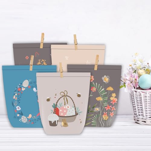 PANSIBY Geschenktüten Ostern, Ostertüten zum Befüllen, 12 Bunt Cozy Bedruckte Tüten mit Holz Klammern, Karikatur Osterhasen Basteln Set