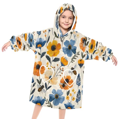 Wearable Blanket Hoodie for Kids, Dreamy Floral Fleece Sweatshirt Blanket Oversized Blanket Sweatshirt with Pocket Flannel Warm Hooded Blanket 6-10 Year Old Girl Boy Gift, One Size