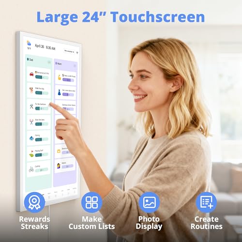 Image of Digital Calendar 24 Inch Touch Screen, Electronic Wall Calendar Chore Chart for Family Monthly /Weekly Planner, Interactive Display Smart Calendar for Home Organization, Desk Mount Included - White