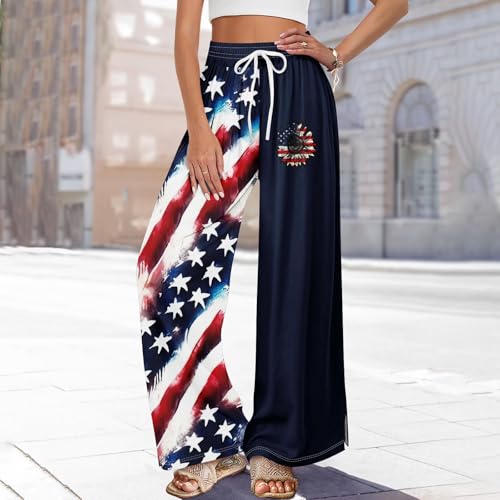 4Th of July Pants for Women American Flag Slit Baggy Wide Leg Pants High Waisted Elastic Summer Trouser Outfit Pockets4