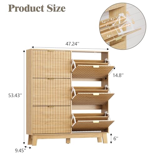 Image of HUANLEGO Shoe Cabinet Storage for Entryway with 6 Flip Drawers, Fluted Narrow Shoe Organizer with Wooden Legs, Freestanding Slim Shoe Storage Hidden Shoe Rack Organizer for Front Door Entrance, Oak