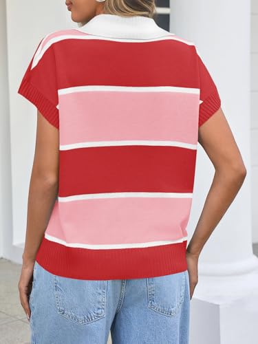 Image of Saodimallsu Women's V Neck Button Down Striped Short Sleeve Knit Sweater