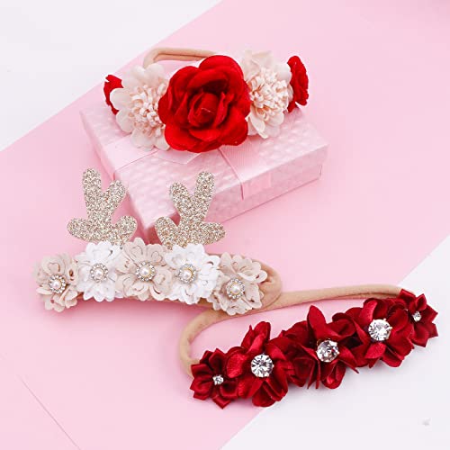 Cherrboll 3Pcs Baby Girl Flower Headbands, Super Soft & Stretchy Red Floral Hairbands For Newborn Toddler Christmas #TOP6