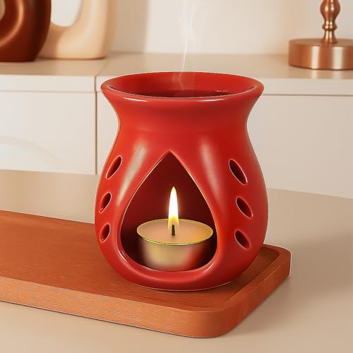 Image of Floryn Decor Ceramic Diffuser with Free 1 Tealight Candles | Home Fragrance, Spa, Office & Yoga | Aromatherapy Gift Set 1 (Red)