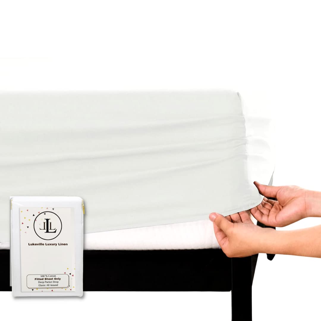 400 Thread Count 100 Percent Cotton Fitted Sheet Twin XL 15 Inch Deep Pocket Long Staple Cotton 1 Fitted Sheet Only White Solid Sateen Weave Soft Breathable Elastic All Arount The Matress