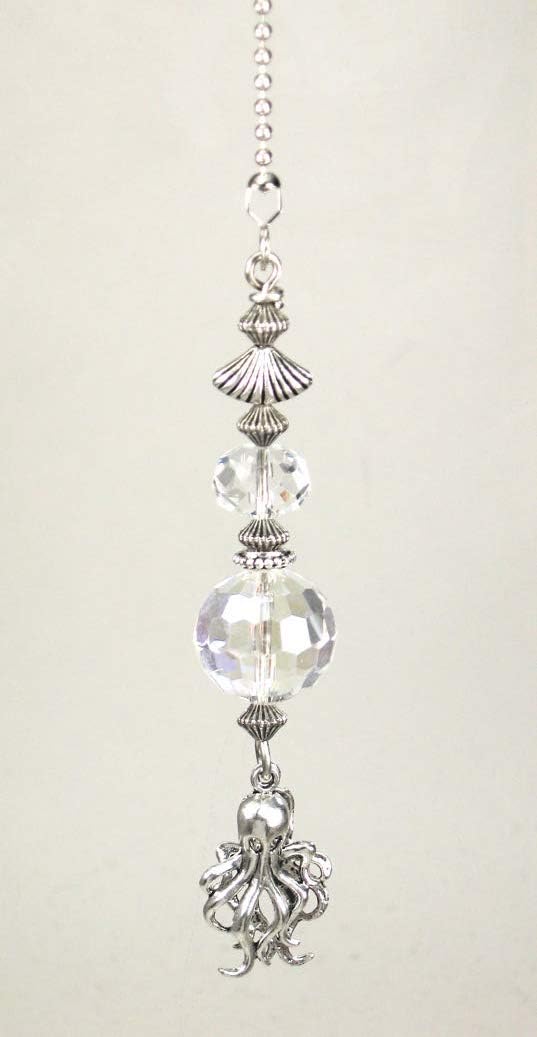 Clear Faceted Glass and Small Silvery Octopus Ceiling Fan Pull Chain