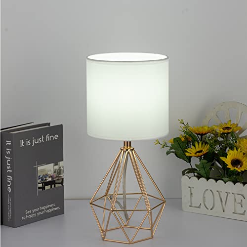 Sottae Set Of 2 Living Room Bedroom Small Gold End Table Lamp,Bedside Nightstand Lamp With Geometric Metal Cage Base And White Fabric Drum Shade,Modern Desk Lamp For Office Study #TOP6