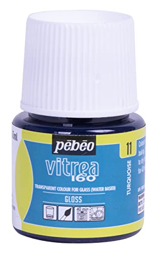 Pebeo Vitrea 160 - Pintura para vidrio, pintura transparente a base de agua de alto brillo para vidrio, no tóxica y segura para el calor, botella de 45 ml, turquesa brillante