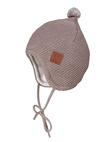 maximo GOTS Baby-Mütze, ausgenäht LL, mit Spitze, Pompon, Futter Made in Germany 41 braunmeliert