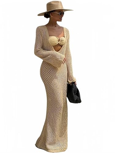 Women's Crochet Swimsuit Cover ups Long Sleeve Knit Beach Dress Hollow Out Backless Vacation Outfits Sexy Beachwear