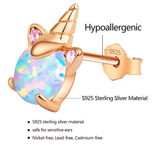 Rose Gold Unicorn Earrings For Girls, 14K Hypoallergenic Earrings For Kids Arskro S925 Sterling Silver Cute Tiny Small Fire Opal Stud Earrings Jewelry Gifts For Little Toddlers Teen Girl Sensitive Ears #TOP3