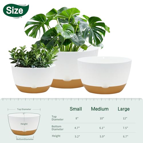 Koalaime 8/10/12 Inch Pots for Indoor Plants, Large Self Watering Planters with Drainage and Saucers, Plastic Outdoor Flower Pot, Set of 3, White