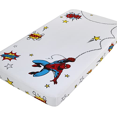 Image of Marvel Spiderman Red, White, Blue, and Yellow Stars and Lightning Photo Op Fitted Crib Sheet