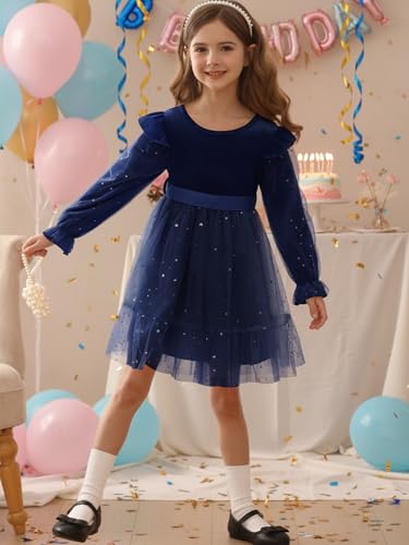 Hotfiary Toddler Girls Velvet Tulle Dress Little Girls Long Sleeve Ruffle Sequin Tutu Christmas Party Holiday Dress 2-7 Years2