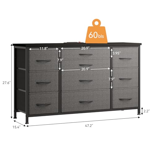 Jojoka Wide Dresser with 10 Large Drawers for 55'' Long TV Stand with Power Outlet Entertainment Center, Storage Fabric Drawer Unit for Bedroom, Closet, Entryway, Sturdy Metal Frame, Gray